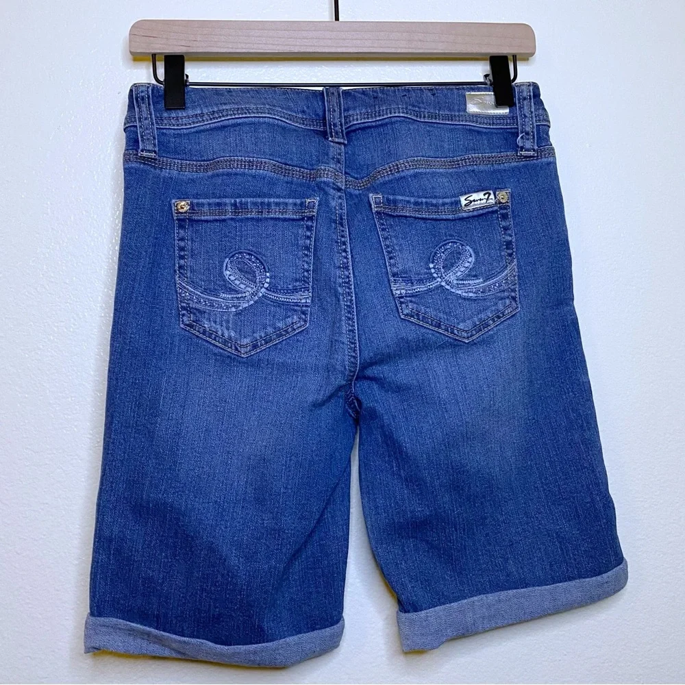 Seven7 Medium Wash Distressed Ripped Cuffed Bermuda Denim Jean Shorts - 4